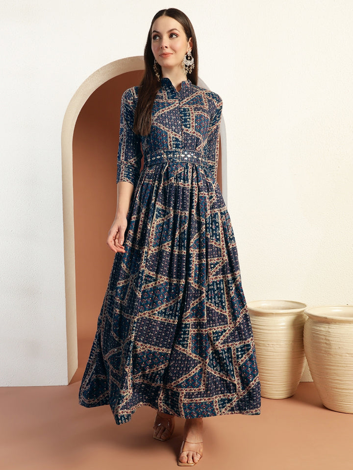 Kalamkari Print Flared Summer Dress with Mirror Sequin Embellishments & Matching belt