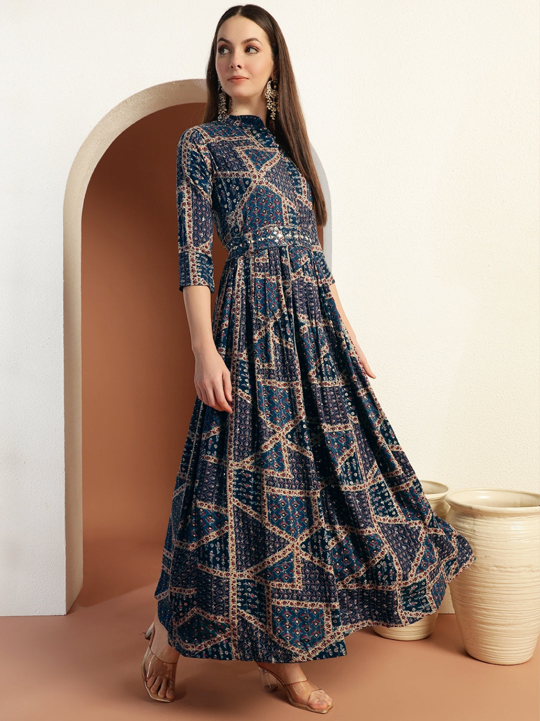 Kalamkari Print Flared Summer Dress with Mirror Sequin Embellishments & Matching belt