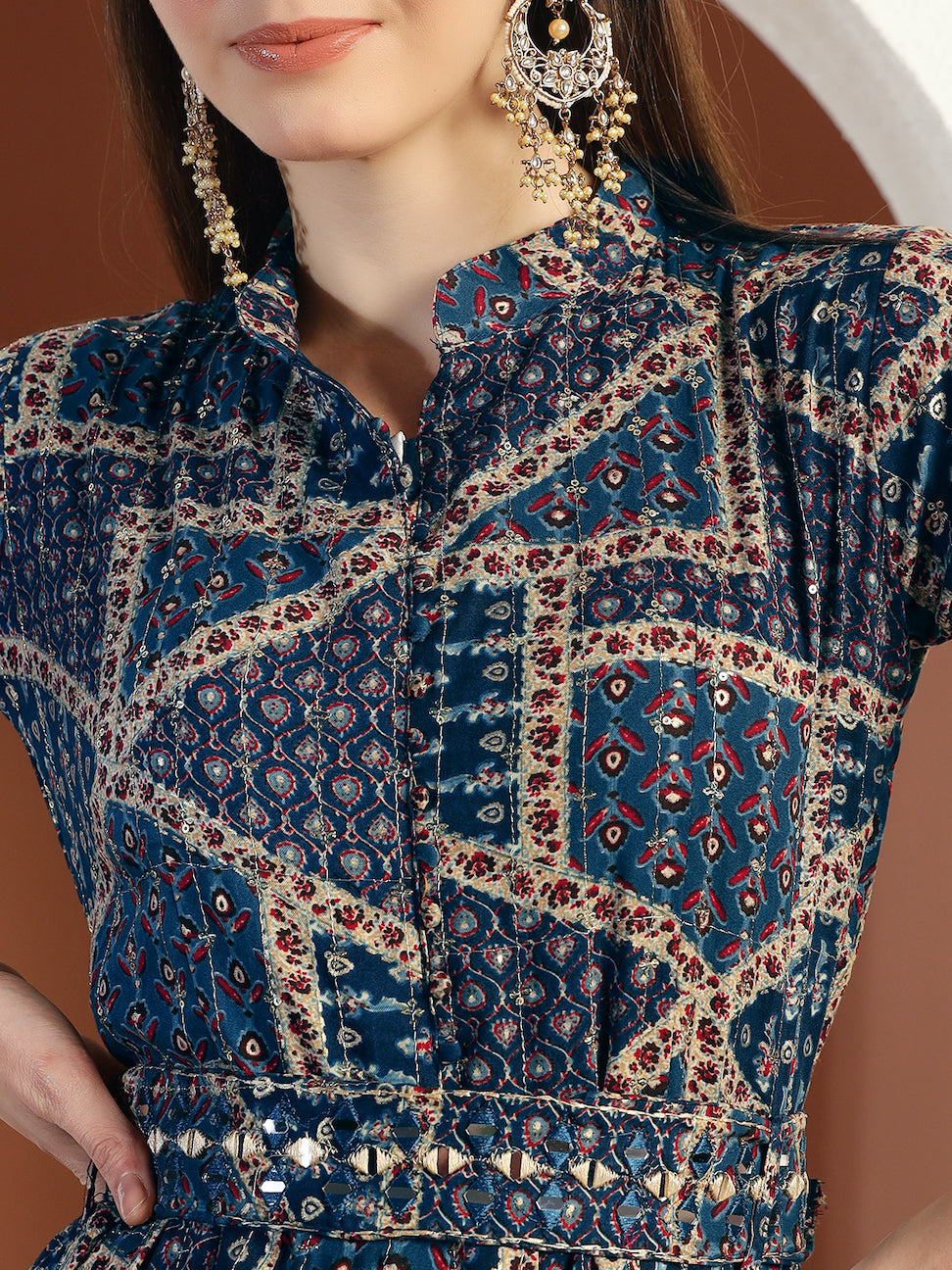 Kalamkari Print Flared Summer Dress with Mirror Sequin Embellishments & Matching belt