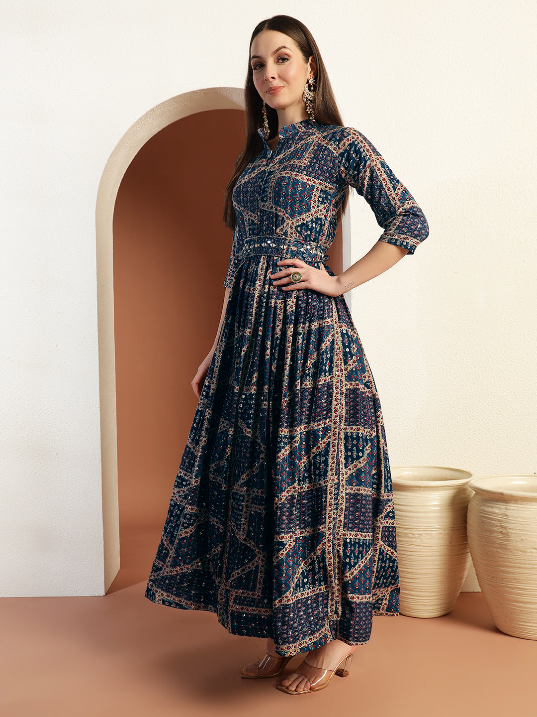 Kalamkari Print Flared Summer Dress with Mirror Sequin Embellishments & Matching belt
