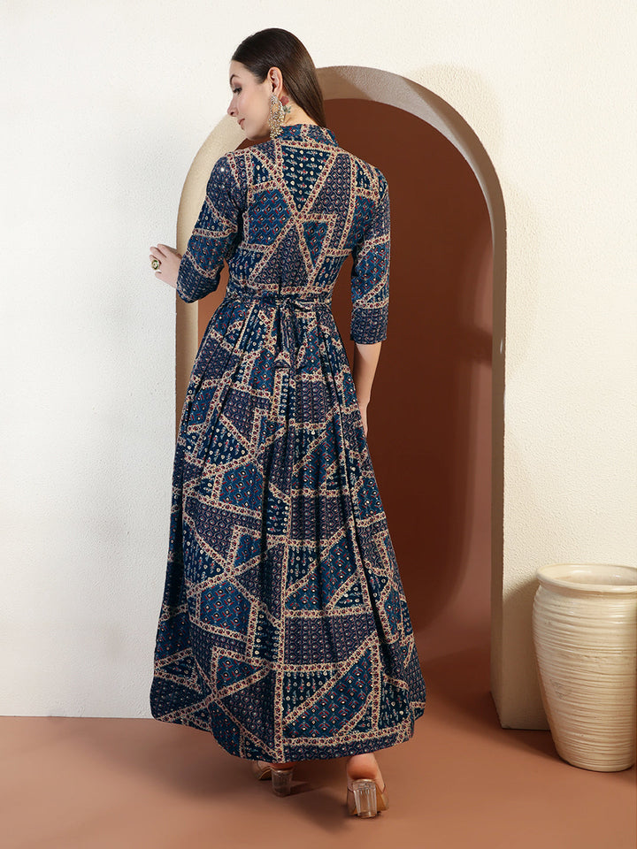 Kalamkari Print Flared Summer Dress with Mirror Sequin Embellishments & Matching belt