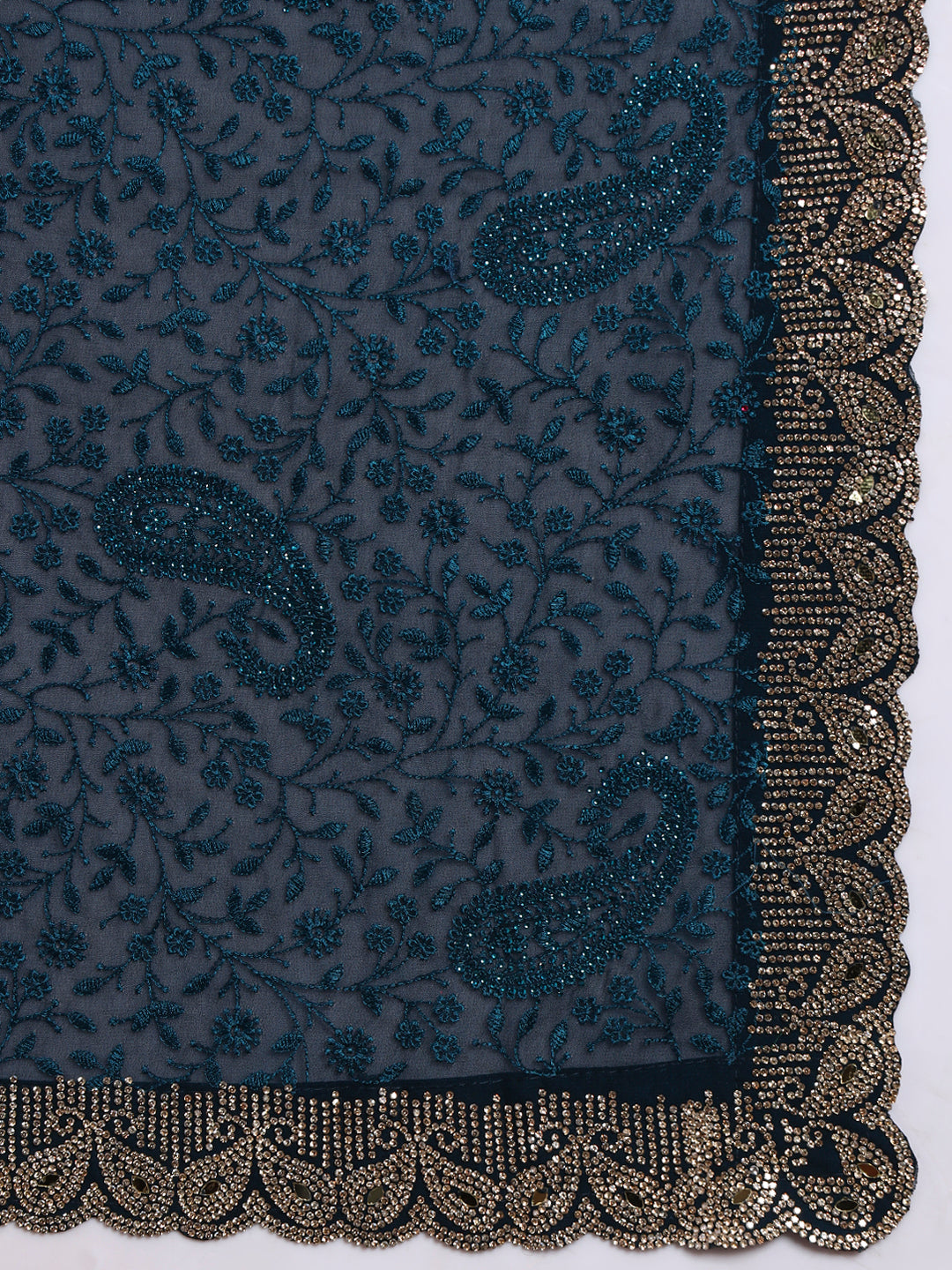 Floral Paisley Resham Embroidery Saree with Crystal Embellished Scalloped Border