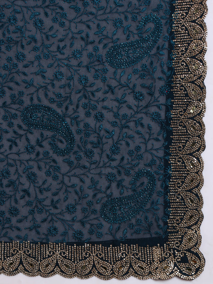 Floral Paisley Resham Embroidery Saree with Crystal Embellished Scalloped Border