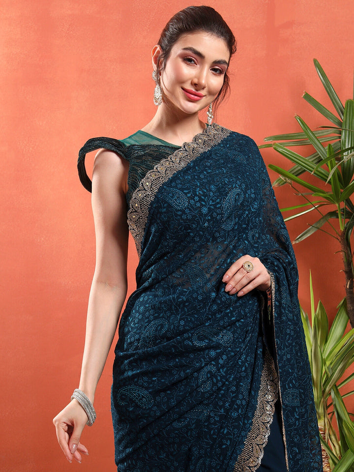 Floral Paisley Resham Embroidery Saree with Crystal Embellished Scalloped Border