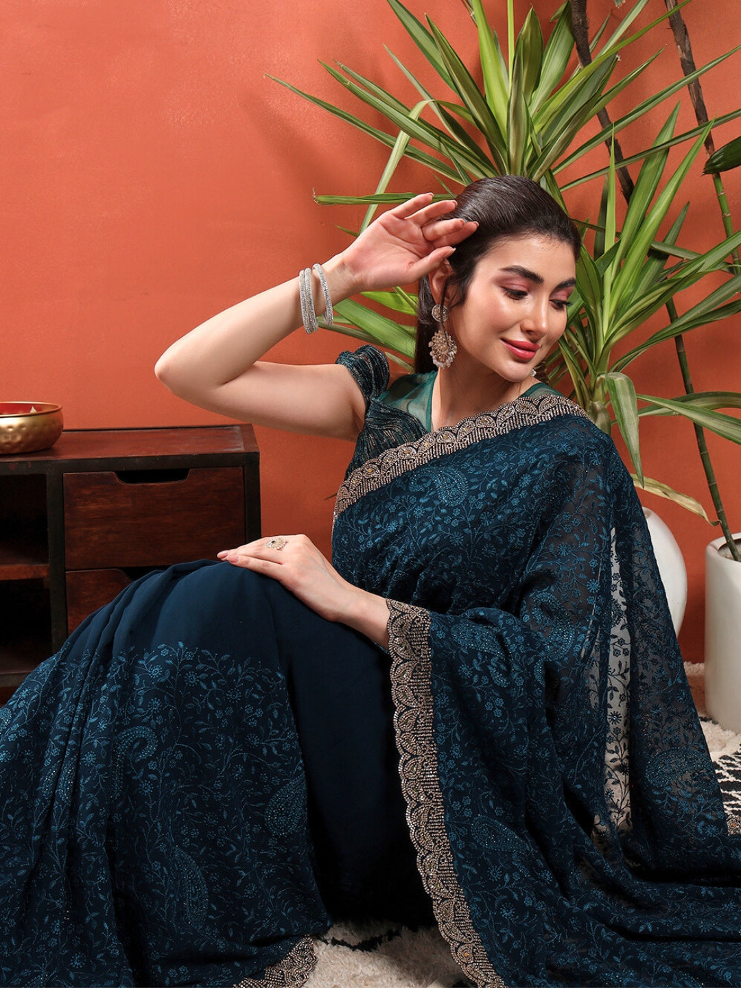 Floral Paisley Resham Embroidery Saree with Crystal Embellished Scalloped Border