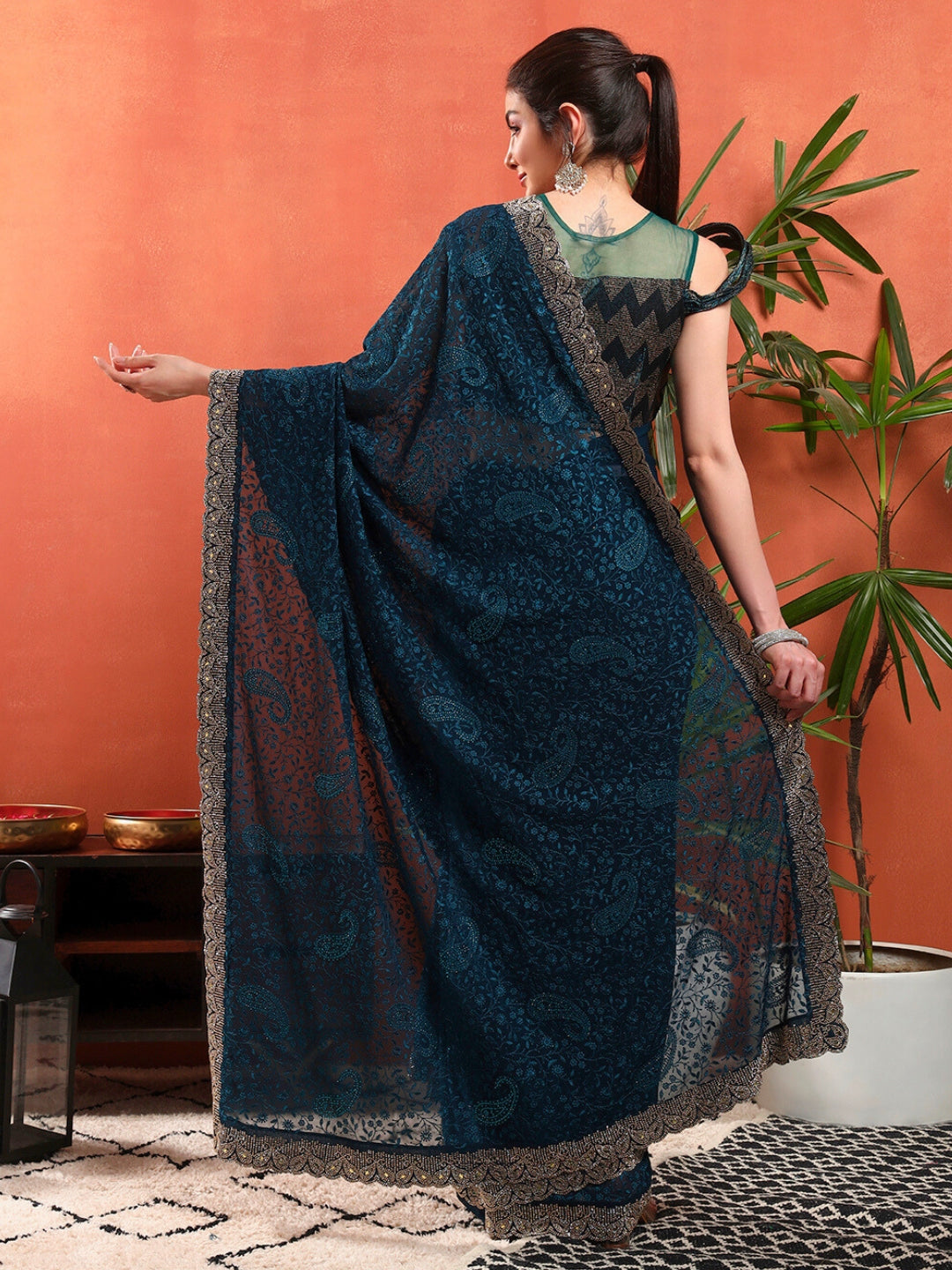 Floral Paisley Resham Embroidery Saree with Crystal Embellished Scalloped Border