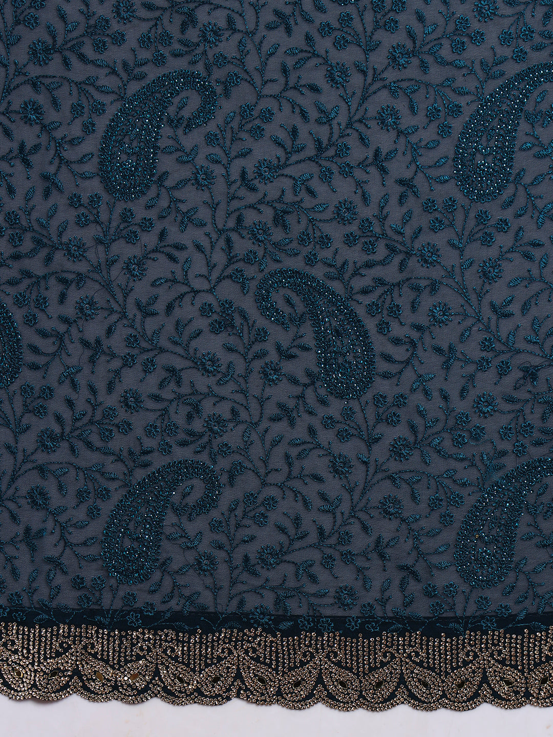 Floral Paisley Resham Embroidery Saree with Crystal Embellished Scalloped Border