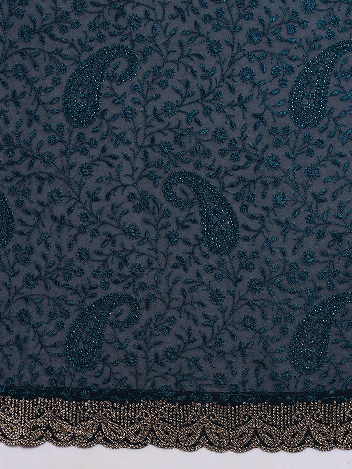 Floral Paisley Resham Embroidery Saree with Crystal Embellished Scalloped Border