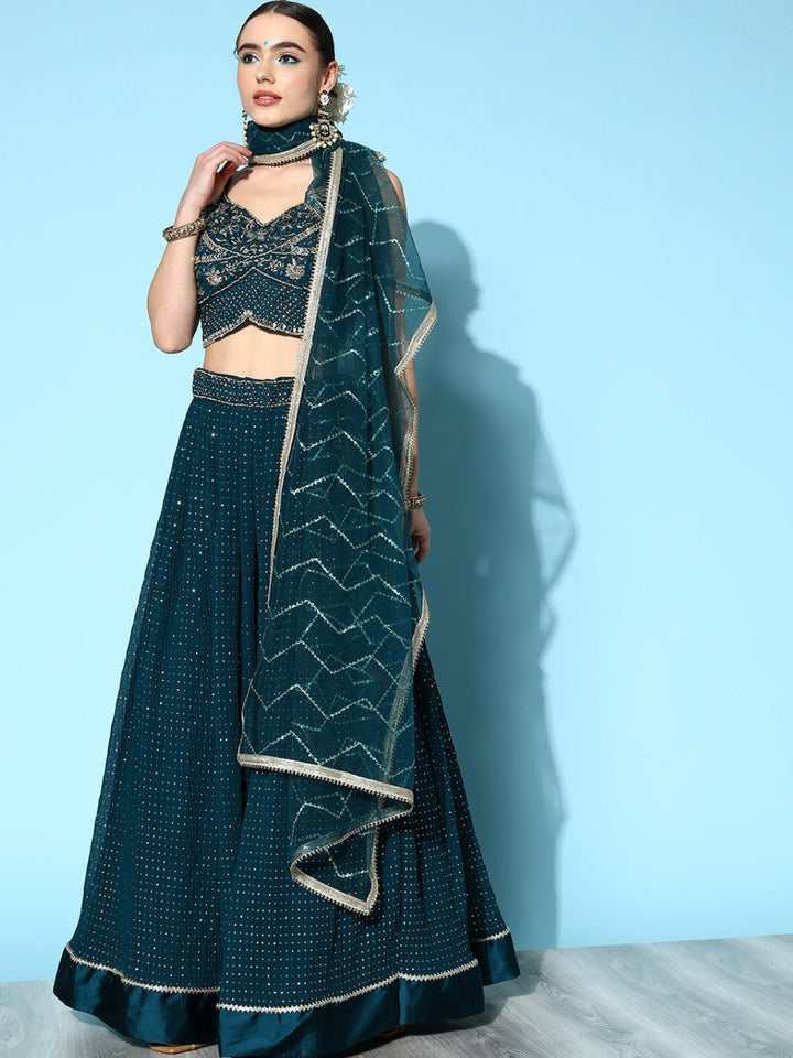 Blue Mukaish Work Embellished Georgette Lehenga & Heavy Choli Dupatta