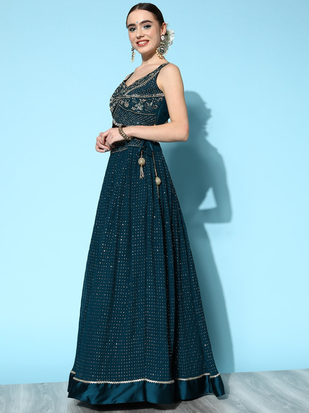 Blue Mukaish Work Embellished Georgette Lehenga & Heavy Choli Dupatta