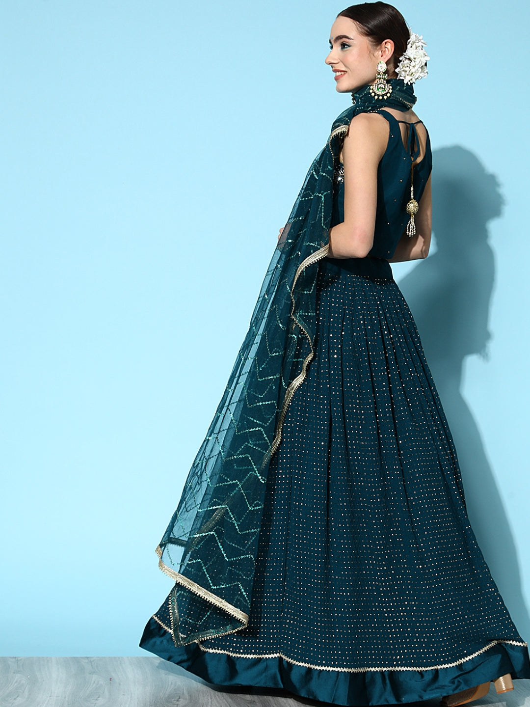 Blue Mukaish Work Embellished Georgette Lehenga & Heavy Choli Dupatta