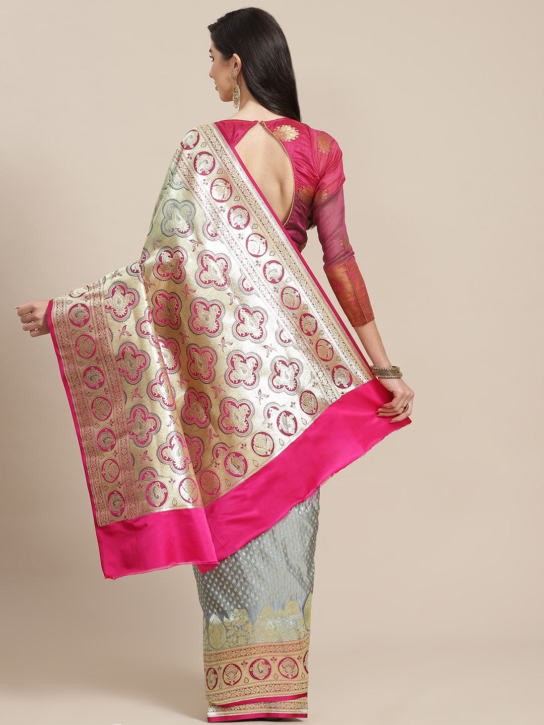 Grey Banarasi Silk Saree With Embellished Heavy Zari Paisley Weave