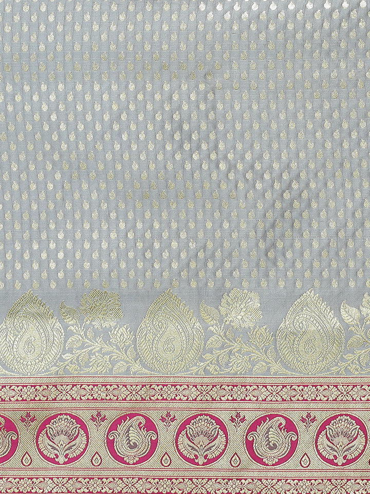 Grey Banarasi Silk Saree With Embellished Heavy Zari Paisley Weave