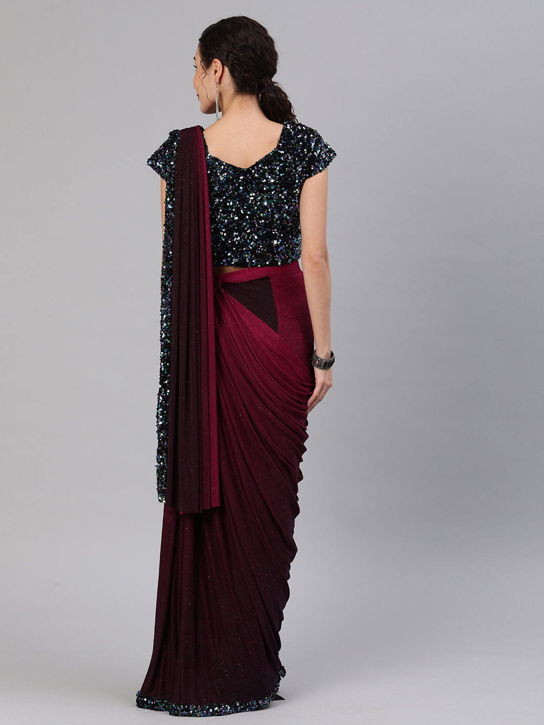 Ruffled Pre-Stitched Ombre Saree with Frills and Black Sequin Blouse