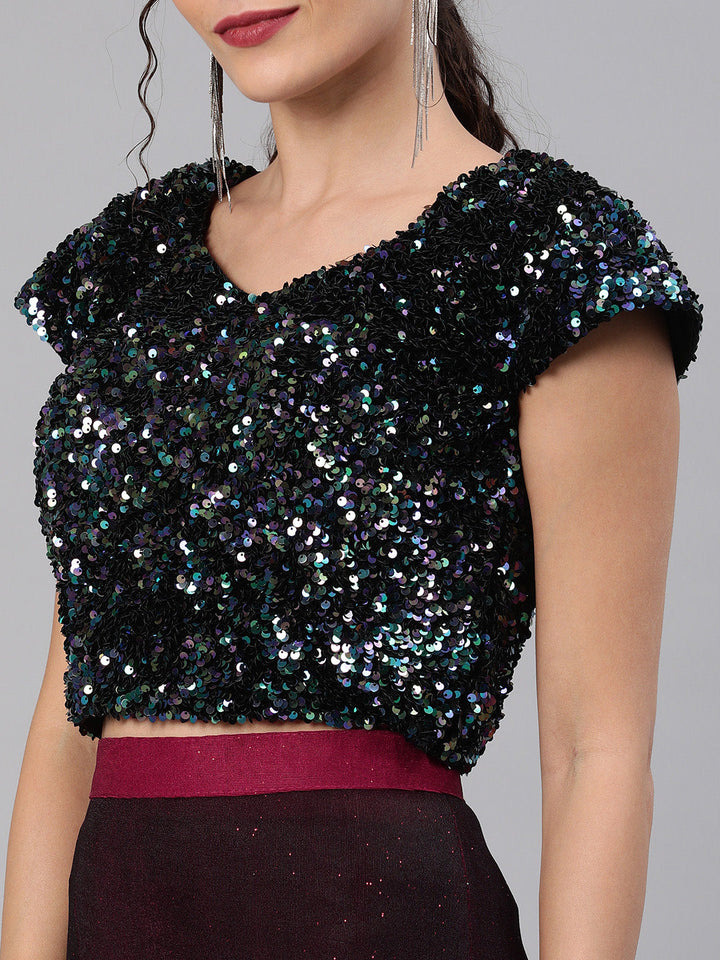 Ruffled Pre-Stitched Ombre Saree with Frills and Black Sequin Blouse