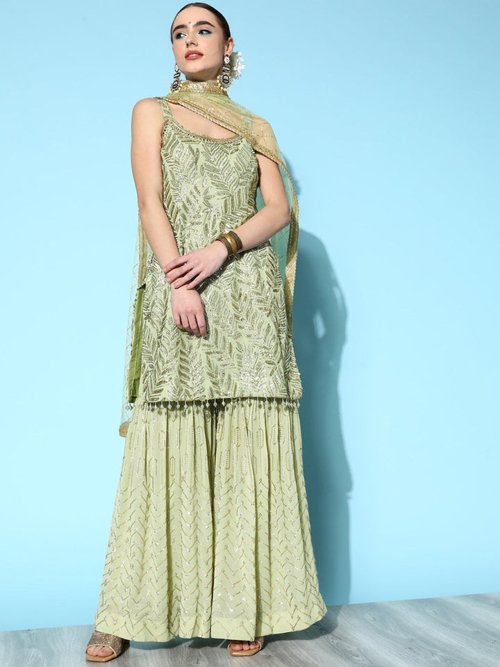 Sea Green Sequence Embellished Kurta Sharara Set with Net Dupatta
