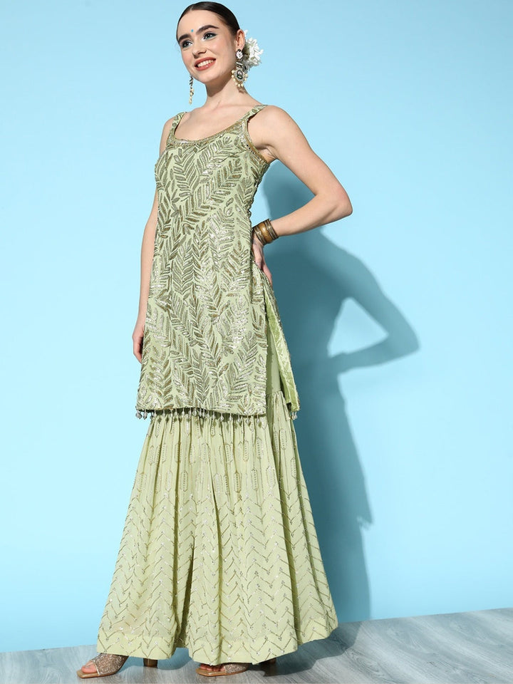 Sea Green Sequence Embellished Kurta Sharara Set with Net Dupatta