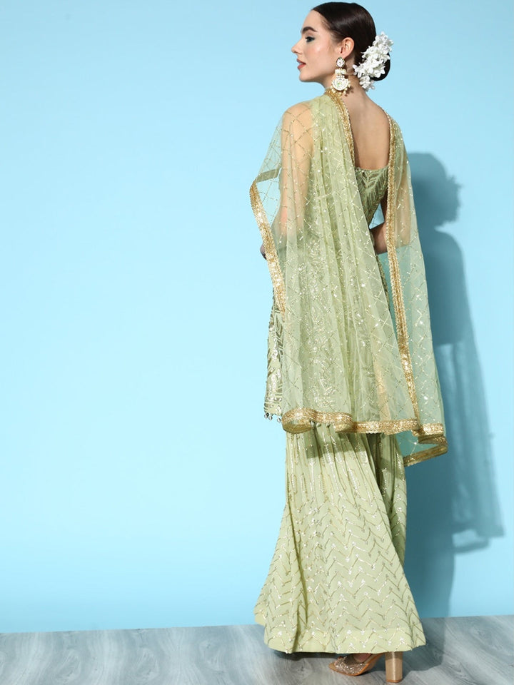 Sea Green Sequence Embellished Kurta Sharara Set with Net Dupatta