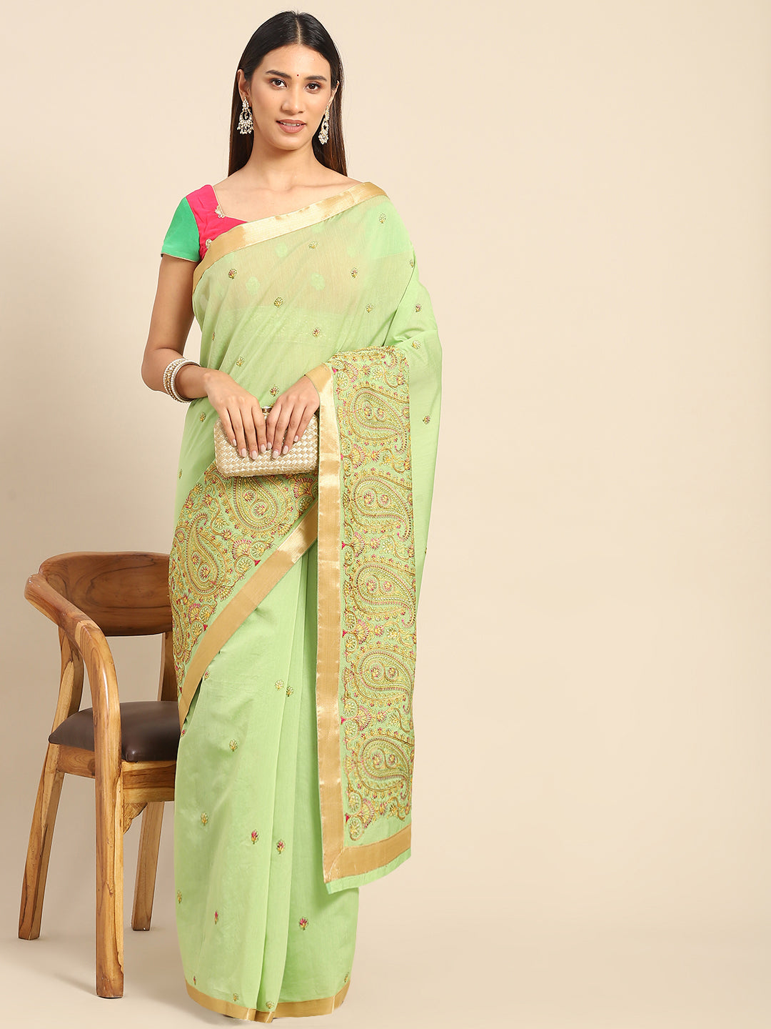 Pista Green Paisley Resham Thread Embroidery Cotton Tussar Saree