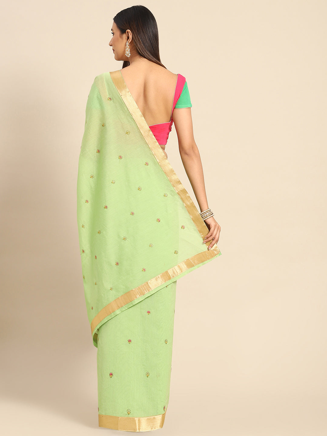 Pista Green Paisley Resham Thread Embroidery Cotton Tussar Saree