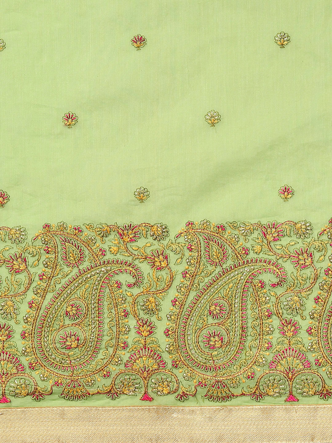 Pista Green Paisley Resham Thread Embroidery Cotton Tussar Saree