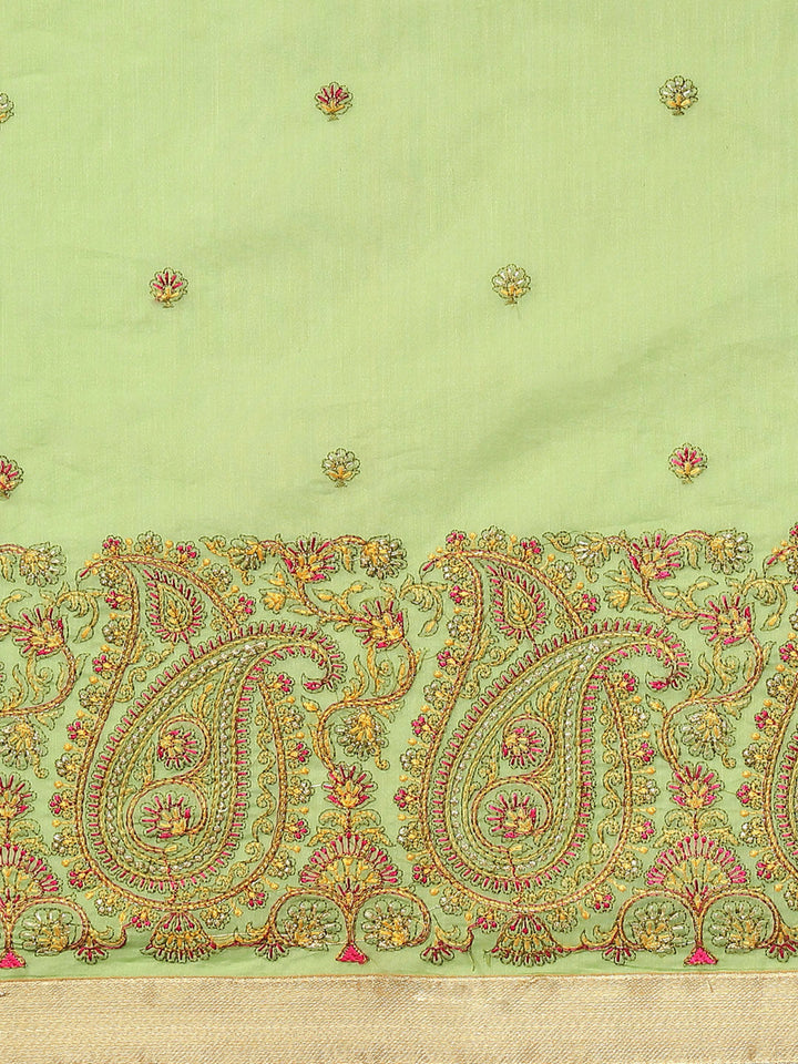 Pista Green Paisley Resham Thread Embroidery Cotton Tussar Saree