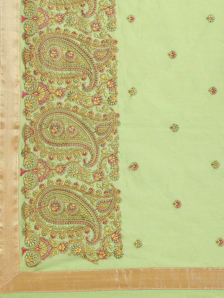 Pista Green Paisley Resham Thread Embroidery Cotton Tussar Saree