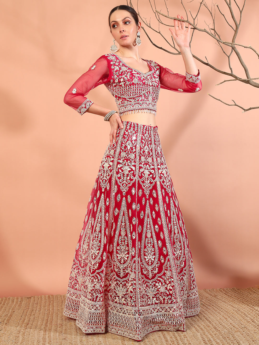 Festive Thread Embroidery & Mirror Work Tasseled Lehenga Set with Paisley Motifs