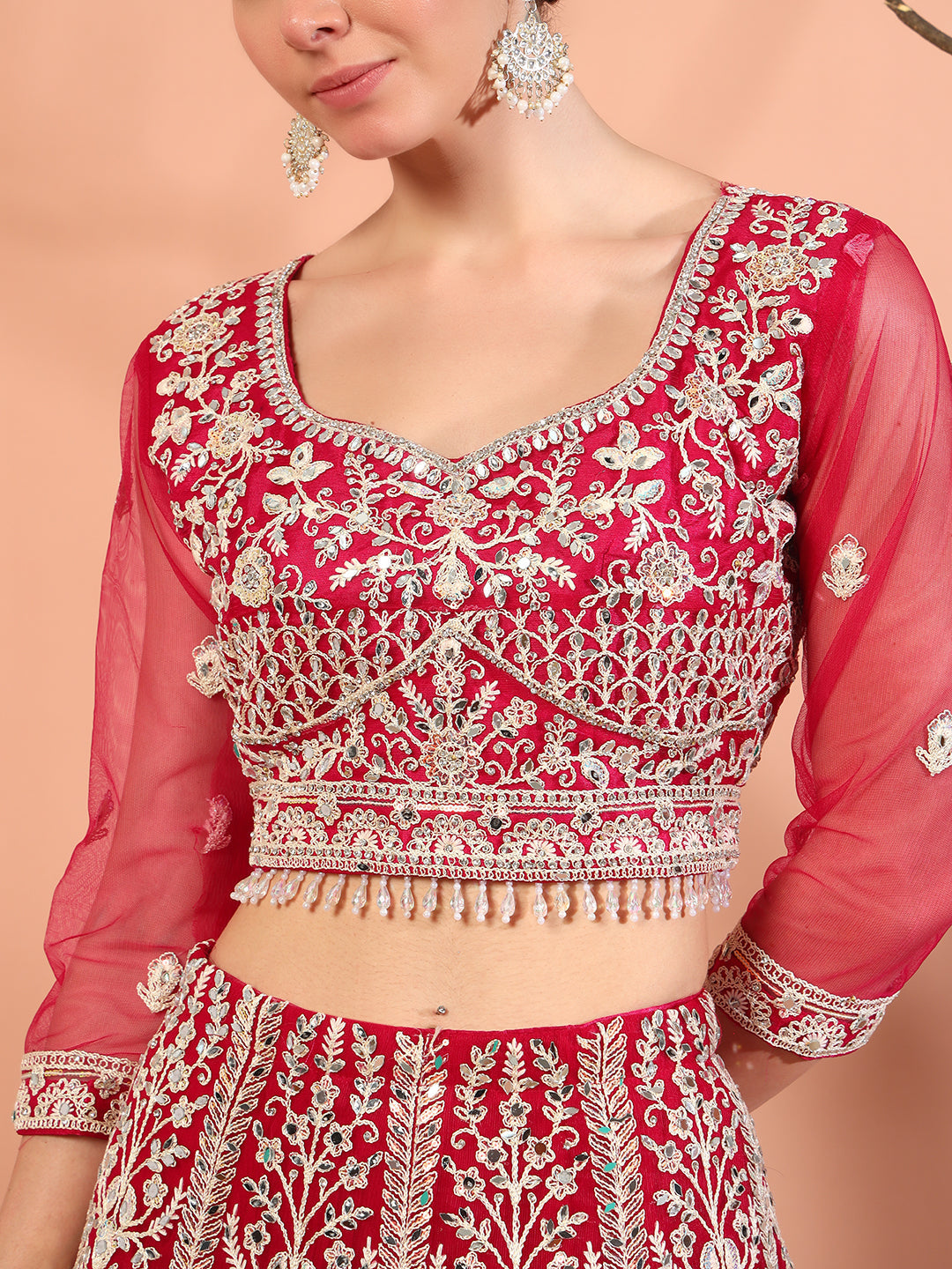 Festive Thread Embroidery & Mirror Work Tasseled Lehenga Set with Paisley Motifs