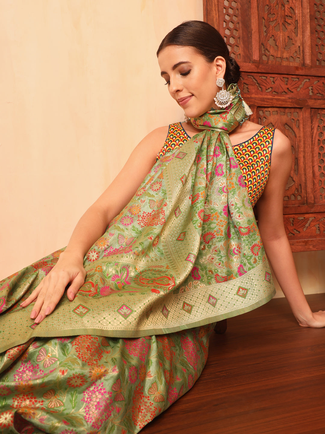Pista Green Khinkhwab Banarasi Brocade Handwoven Traditional Saree