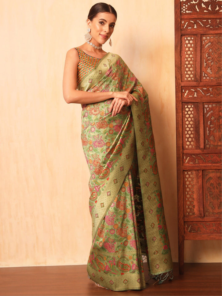 Pista Green Khinkhwab Banarasi Brocade Handwoven Traditional Saree