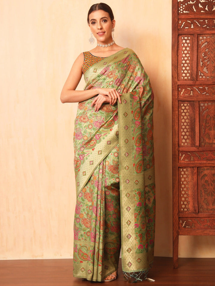Pista Green Khinkhwab Banarasi Brocade Handwoven Traditional Saree