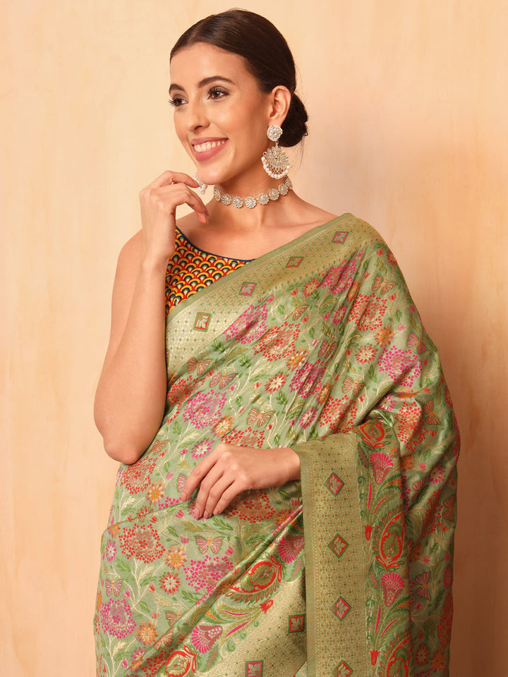 Pista Green Khinkhwab Banarasi Brocade Handwoven Traditional Saree