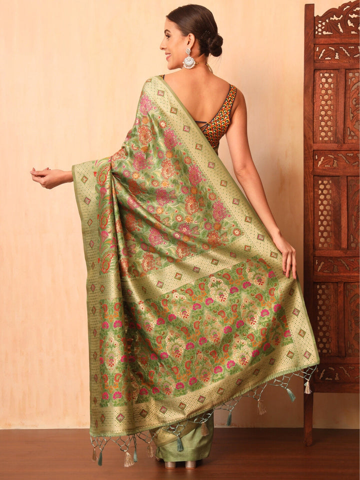 Pista Green Khinkhwab Banarasi Brocade Handwoven Traditional Saree