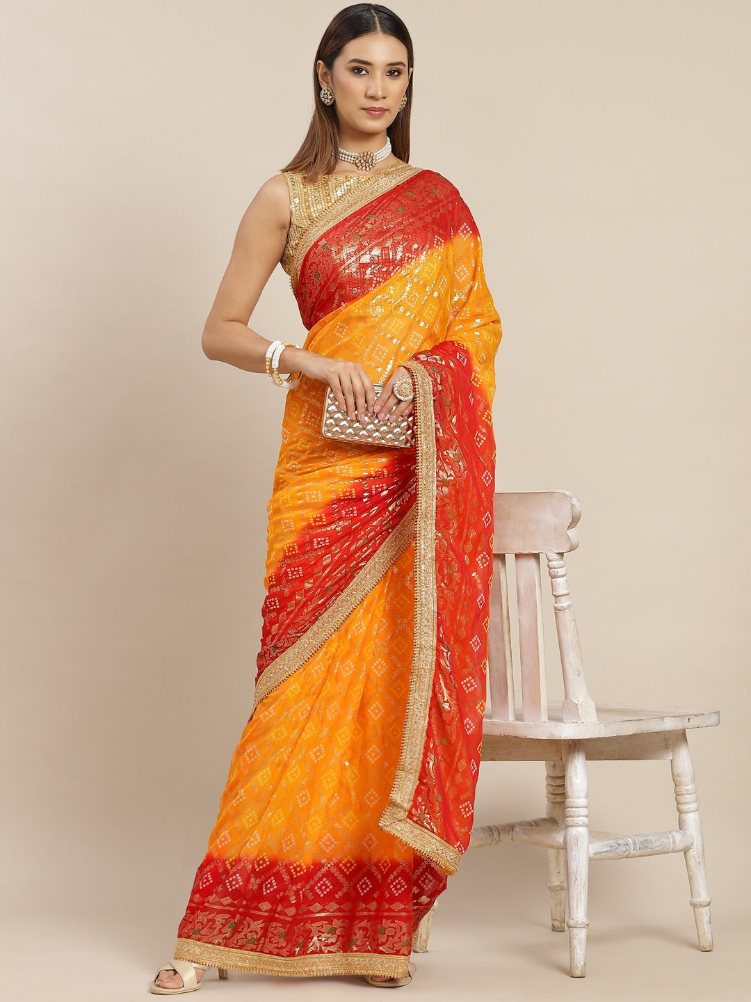 Red Ombre Bandhej Foil Printed Georgette Bridal Jaipuri Saree