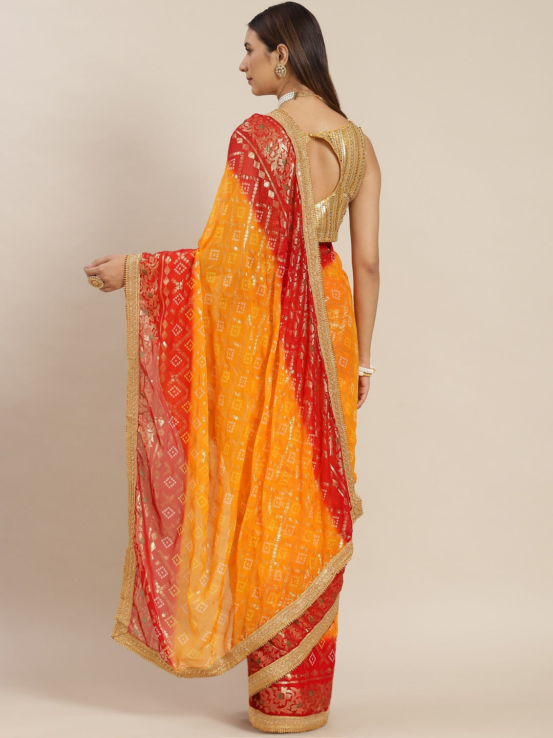 Red Ombre Bandhej Foil Printed Georgette Bridal Jaipuri Saree