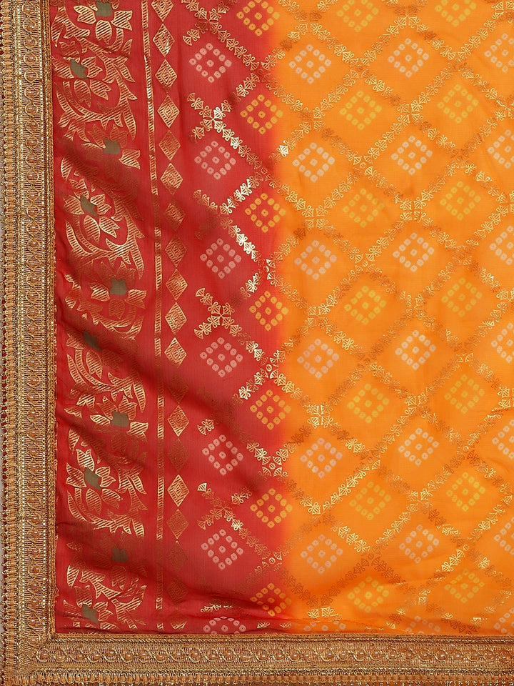 Red Ombre Bandhej Foil Printed Georgette Bridal Jaipuri Saree