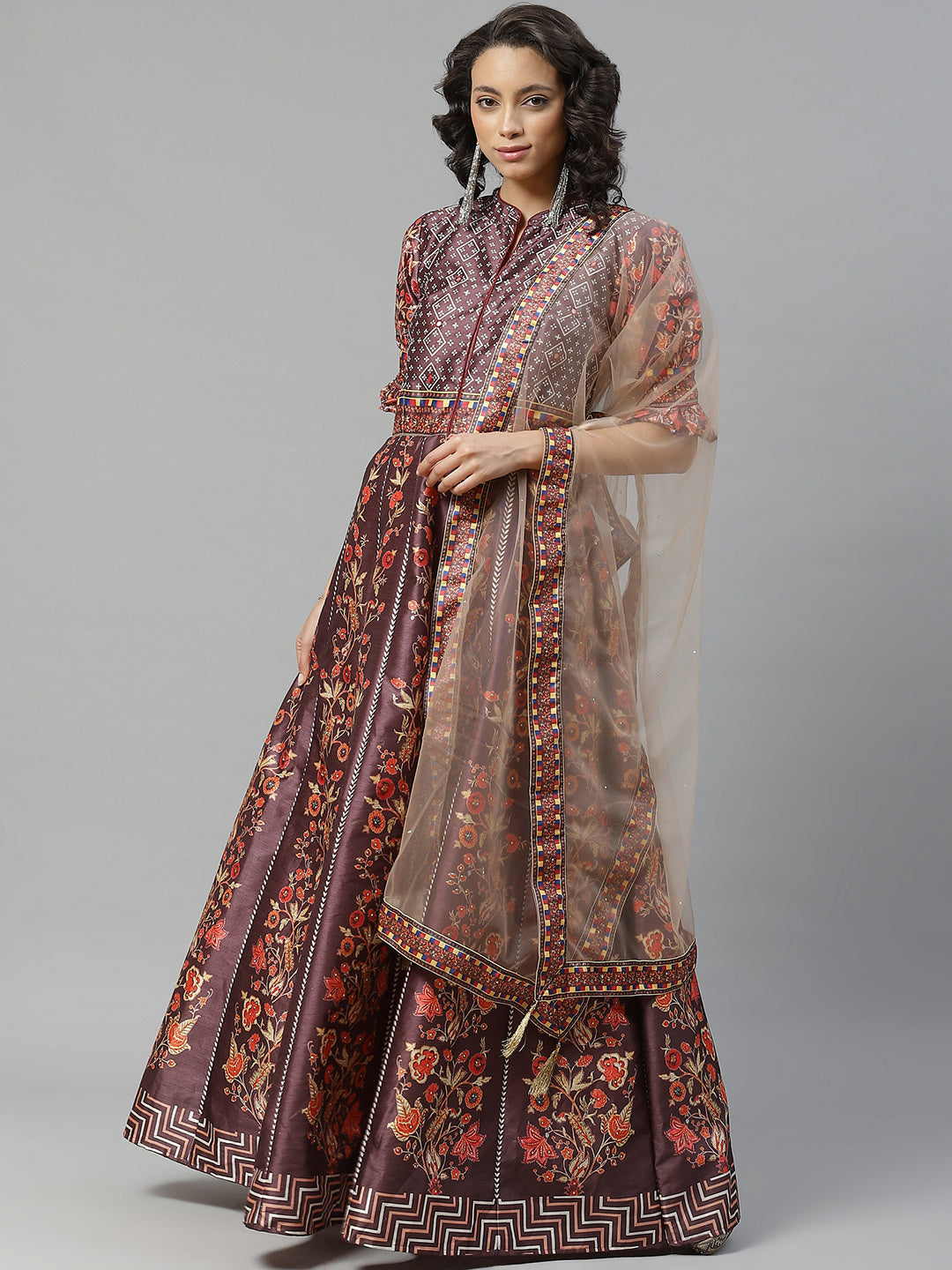 Made to Measure Bohemian Digital Printed Cocktail Embellished Gown with Net Dupatta