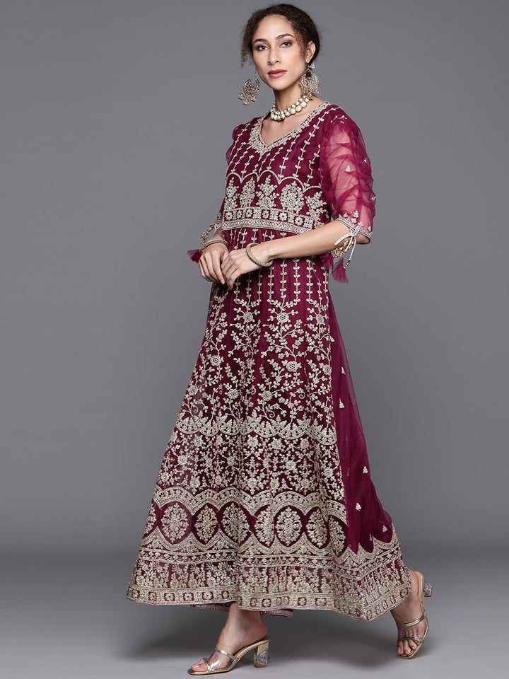 Burgundy Embroidery Long Ruffled Net Gown & Pleated Sleeves
