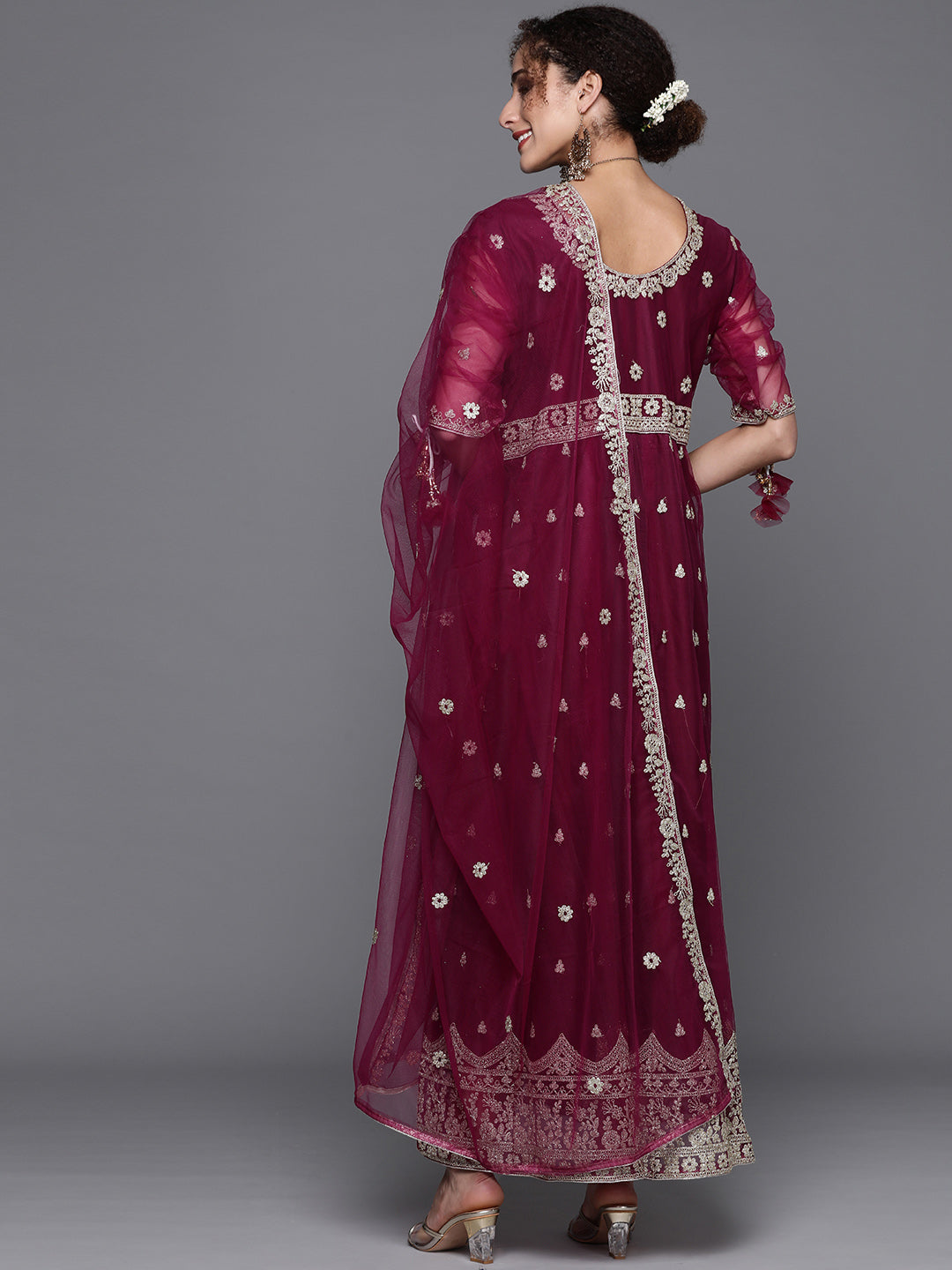 Burgundy Embroidery Long Ruffled Net Gown & Pleated Sleeves