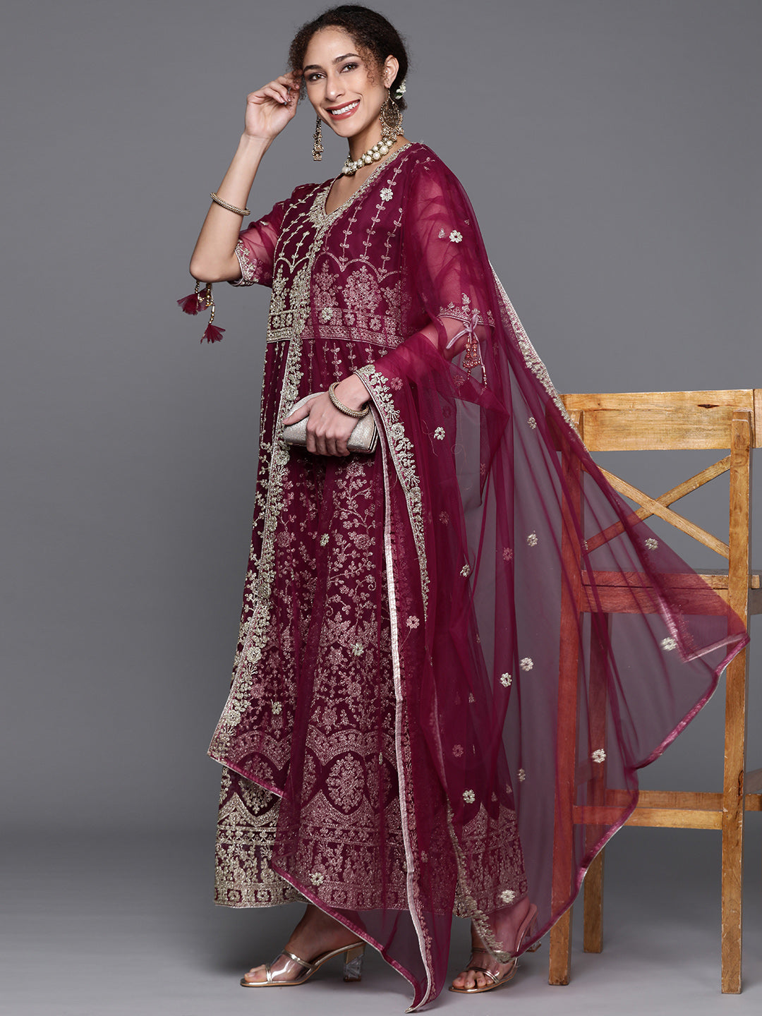 Burgundy Embroidery Long Ruffled Net Gown & Pleated Sleeves