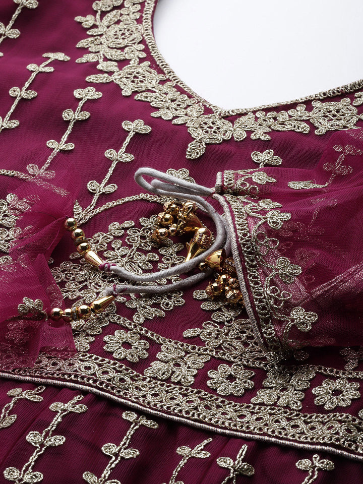 Burgundy Embroidery Long Ruffled Net Gown & Pleated Sleeves