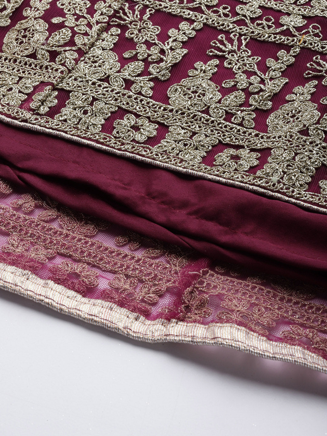 Burgundy Embroidery Long Ruffled Net Gown & Pleated Sleeves