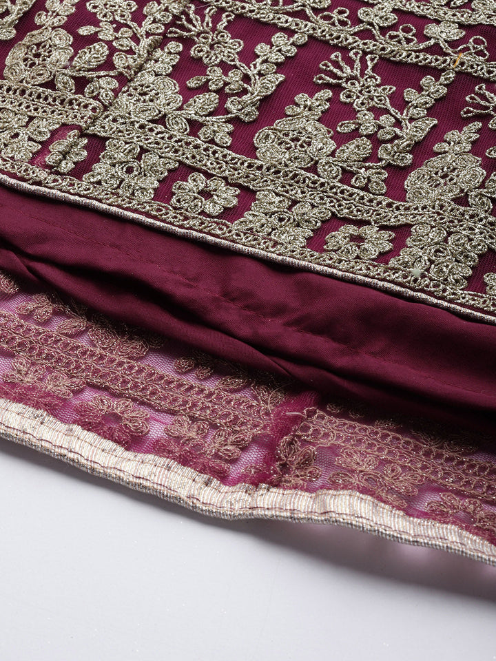 Burgundy Embroidery Long Ruffled Net Gown & Pleated Sleeves
