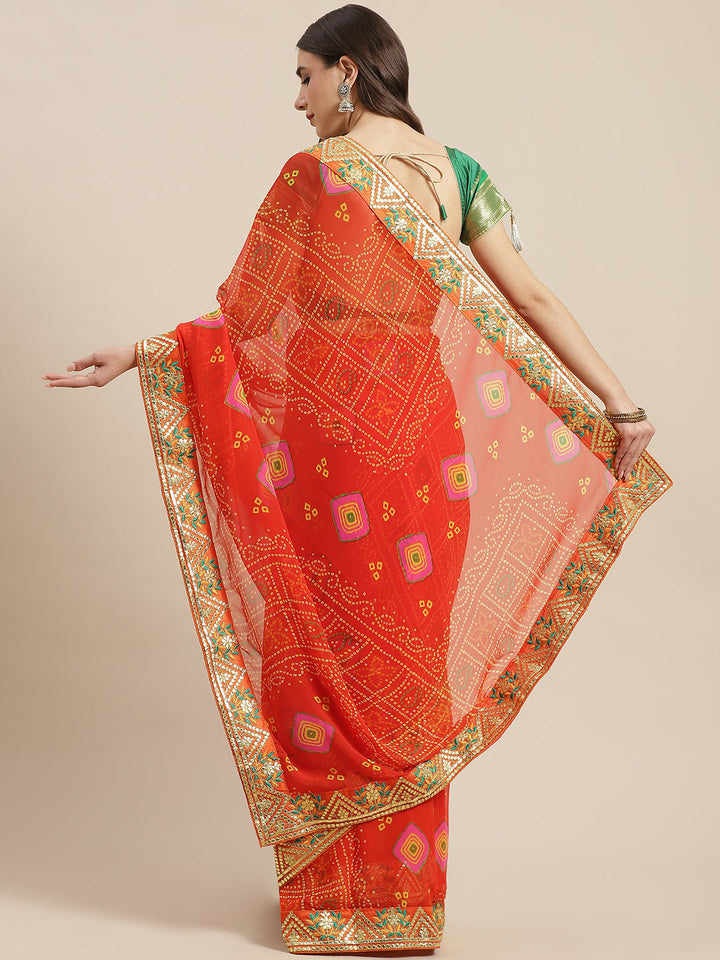 Orange Jaipur Bandhani Prints Geogette Saree With Embroidery Border