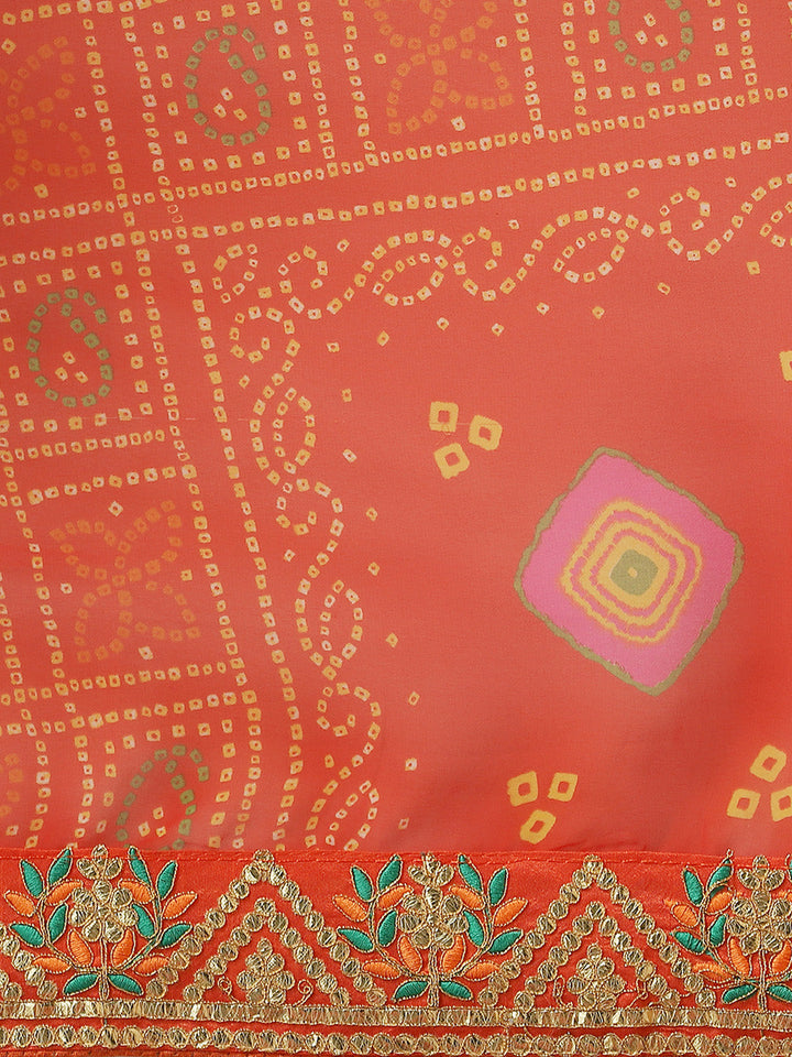 Orange Jaipur Bandhani Prints Geogette Saree With Embroidery Border