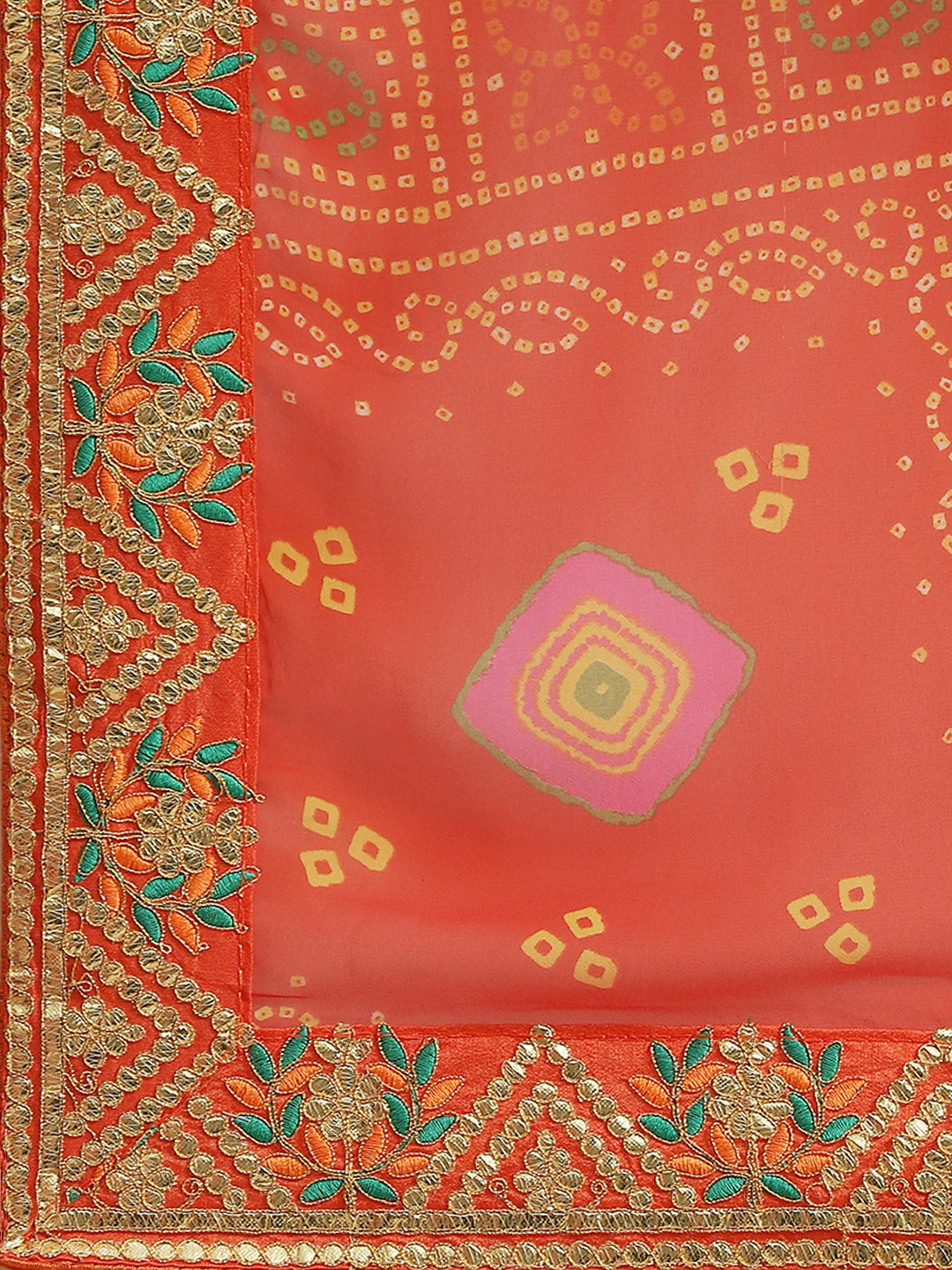 Orange Jaipur Bandhani Prints Geogette Saree With Embroidery Border