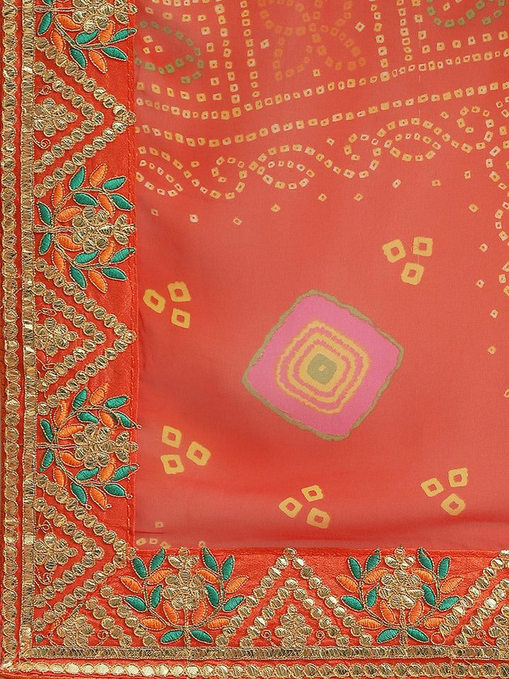 Orange Jaipur Bandhani Prints Geogette Saree With Embroidery Border