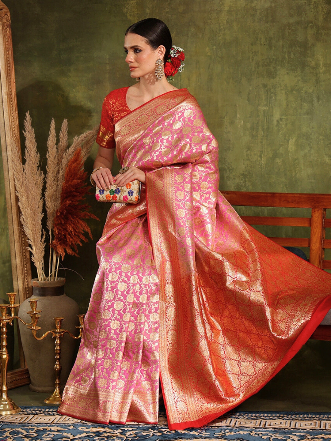 Traditional Handloom Banarasi Silk saree with Zari Woven Flowers