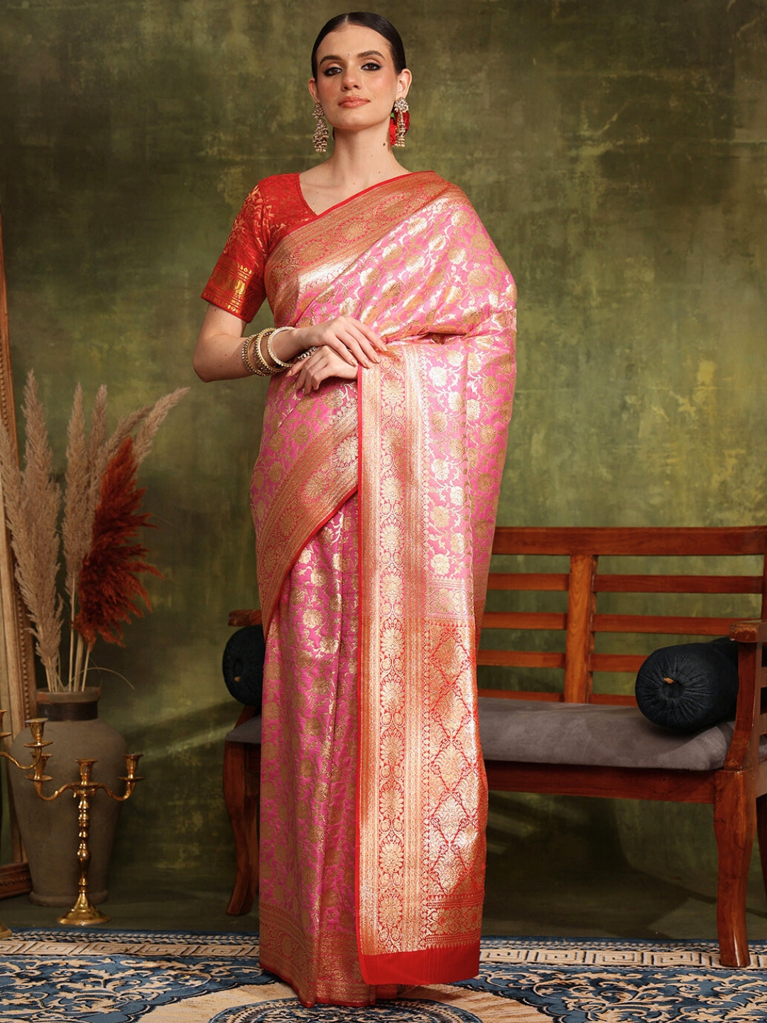 Traditional Handloom Banarasi Silk saree with Zari Woven Flowers